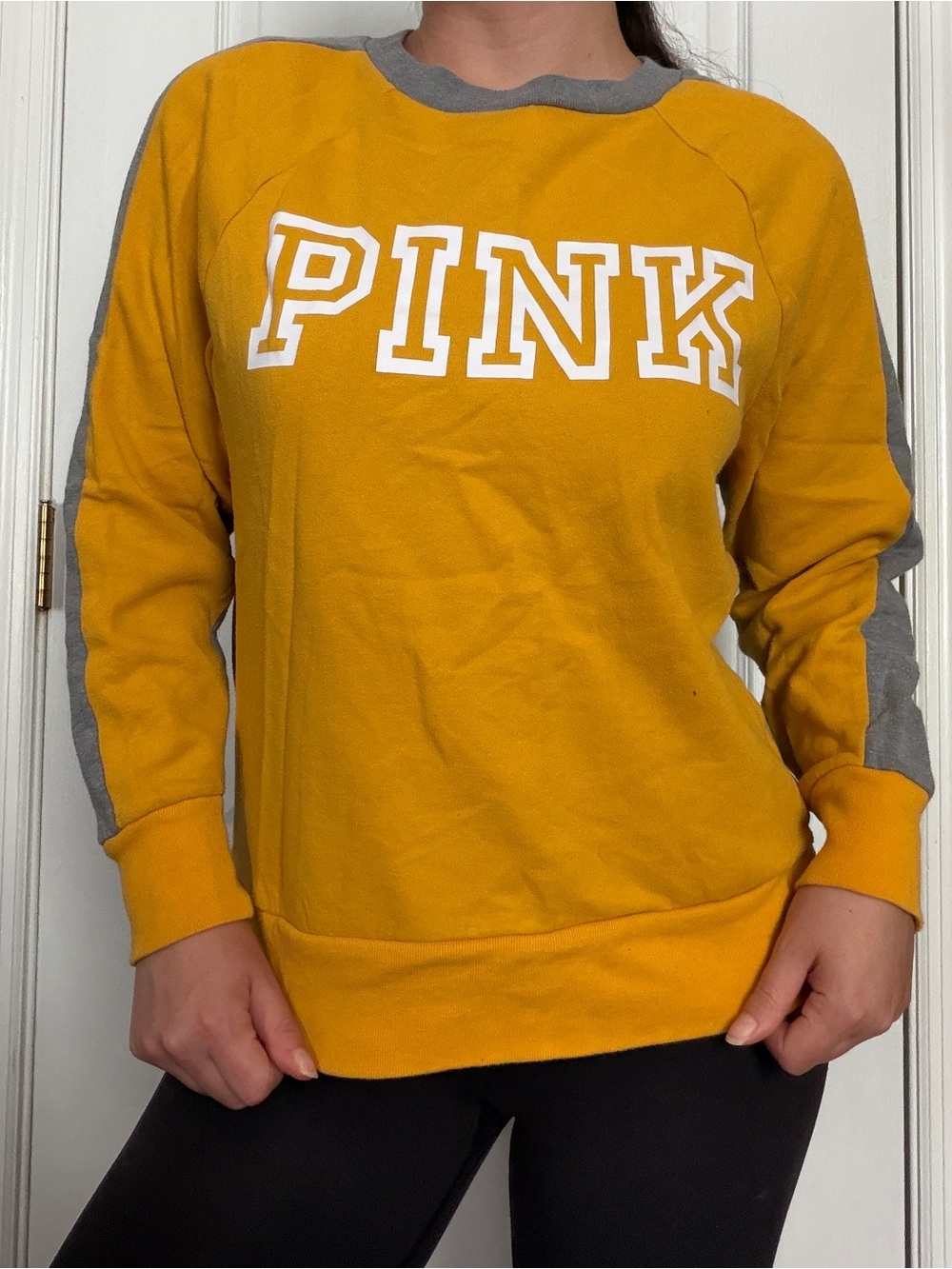 Victoria's Secret PINK Mustard Yellow Crewneck Sweatshirt with Gray Trim
